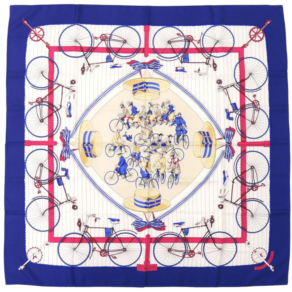美品 エルメス カレ90 LES BECANES 自転車 シルク ブルー スカーフ 青 0141【中古】HERMES
