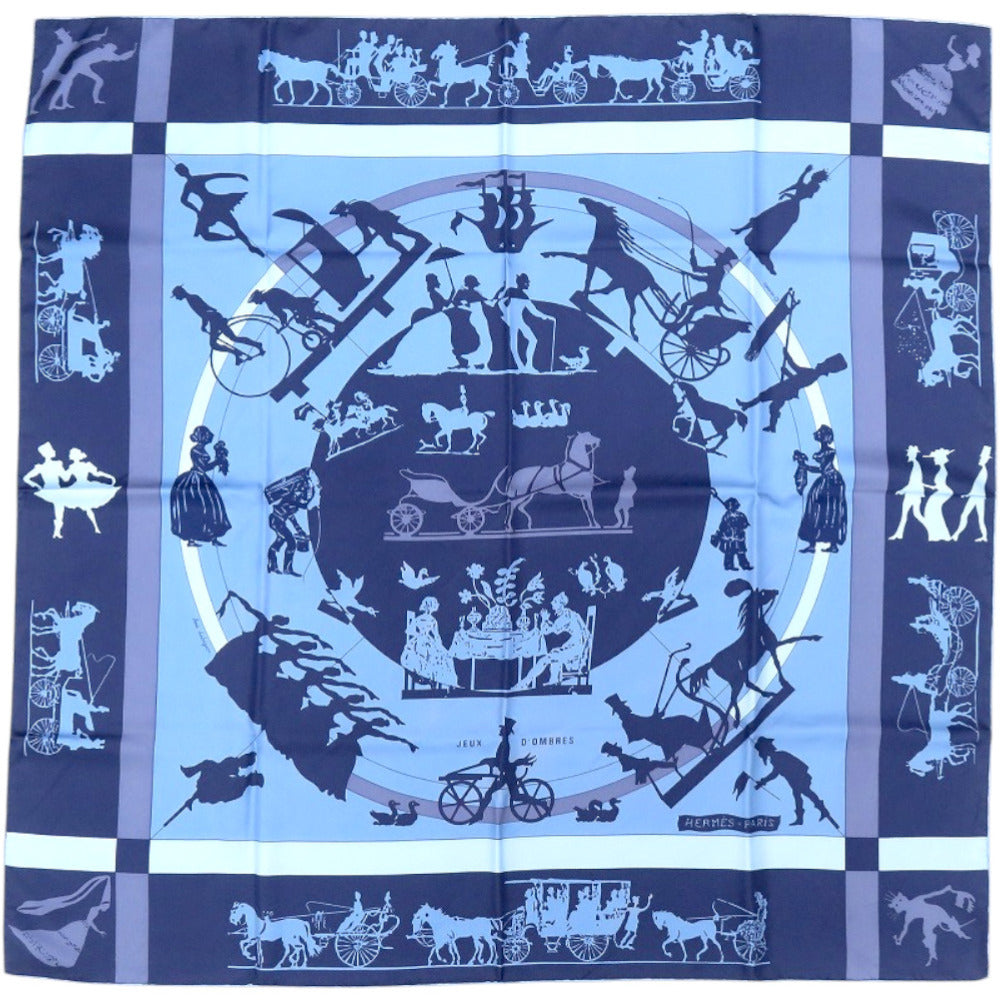 美品 エルメス カレ90 JEUX D'OMBRES 影絵遊び シルク ブルー 青 スカーフ 0143【中古】HERMES