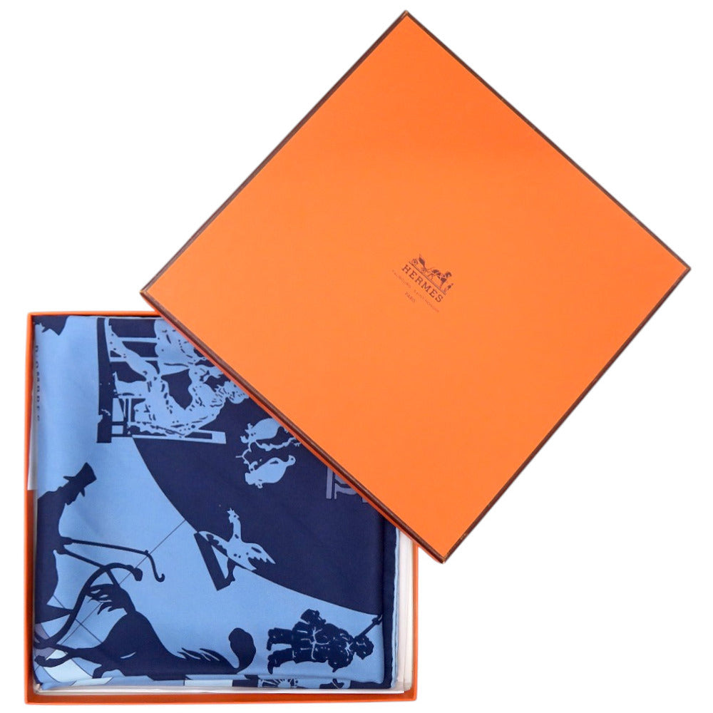 美品 エルメス カレ90 JEUX D'OMBRES 影絵遊び シルク ブルー 青 スカーフ 0143【中古】HERMES
