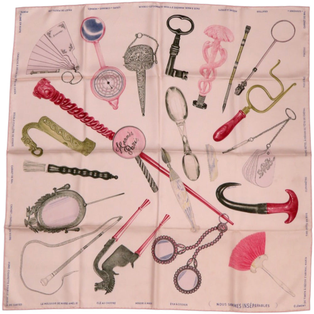 美品 エルメス カレ90 切っても切れない仲間 Nous Sommes Inséparables シルク ローズ テ ルージュH ブロンズ ピンク スカーフ 0146【中古】HERMES