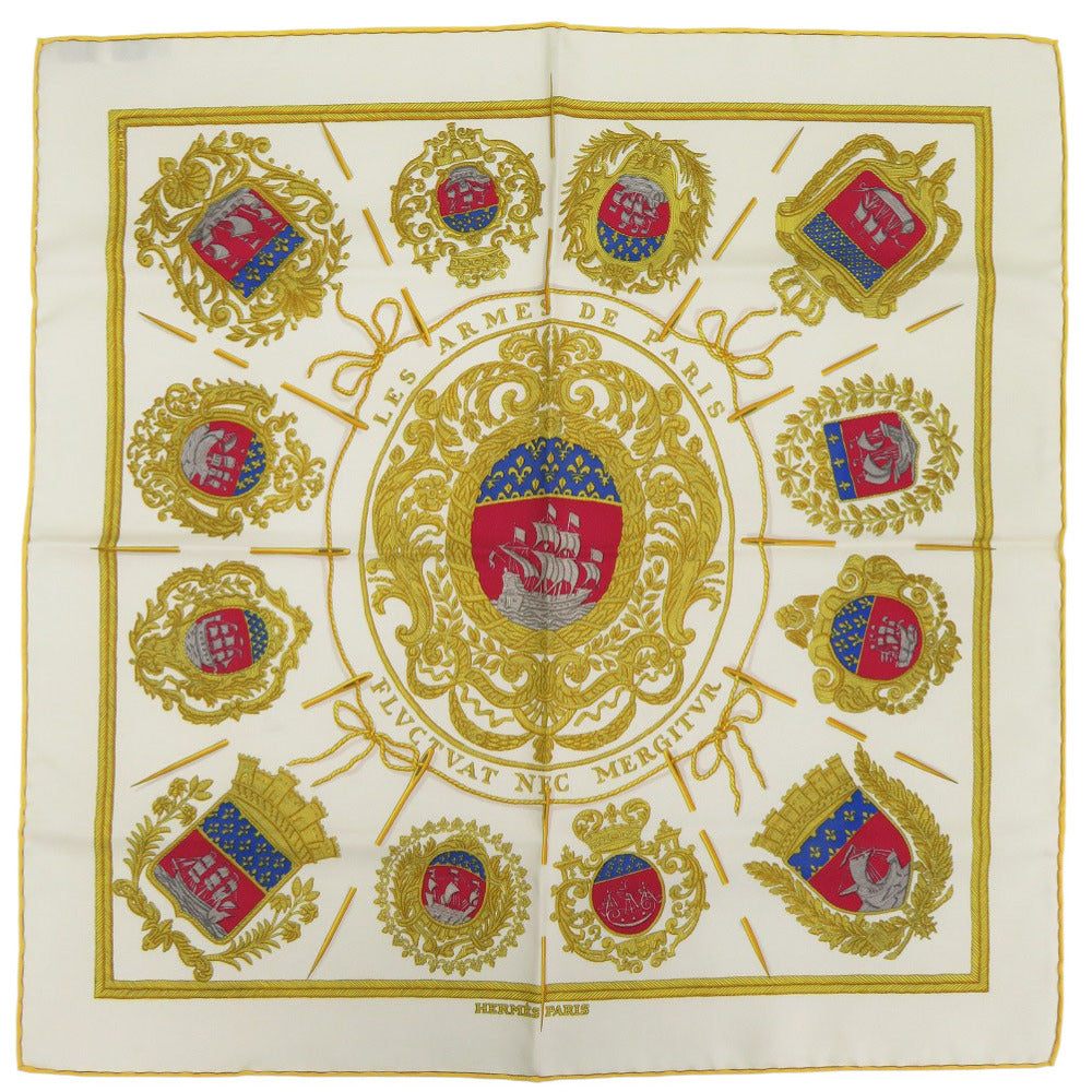 美品 エルメス カレ45 プチカレ パリの紋章 LES ARMES DE PARIS シルク クリーム ゴールド レッド スカーフ 0155【中古】HERMES