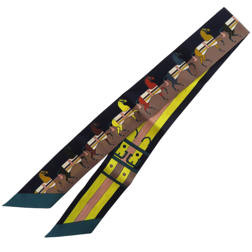 美品 エルメス ツイリー ロカバール Rocabar 馬柄 スカーフ シルク マリン ジョーヌヴィフ ヴェール 0169【中古】HERMES