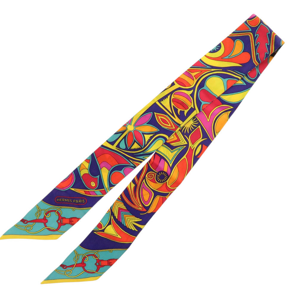美品 エルメス ツイリー フォルクロール シルク オレンジ ネイビー ターコイズブルー スカーフ 0186【中古】HERMES