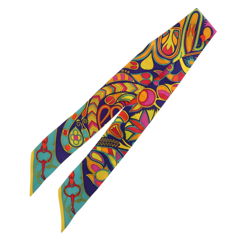 美品 エルメス ツイリー フォルクロール シルク オレンジ ネイビー ターコイズブルー スカーフ 0186【中古】HERMES