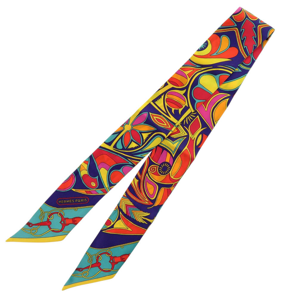 美品 エルメス ツイリー フォルクロール シルク オレンジ ネイビー ターコイズブルー スカーフ 0202【中古】HERMES