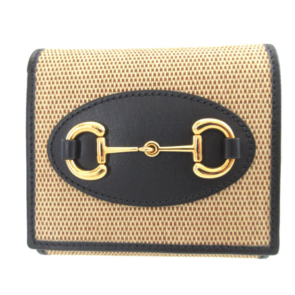 新品同様 グッチ ホースビット 621891 キャンバス レザー ベージュ ネイビー 紺 2つ折り財布 財布 0437【中古】GUCCI