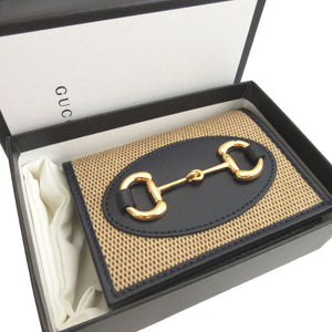 新品同様 グッチ ホースビット 621887 コンパクトウォレット キャンバス レザー ベージュ ネイビー 紺 2つ折り財布 財布 0438【中古】GUCCI