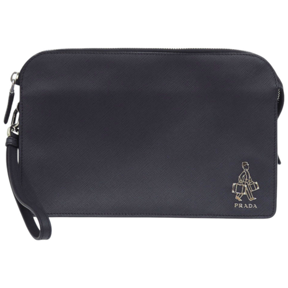 美品 プラダ クラッチバッグ 2VF056 サフィアーノ ネイビー 紺 セカンドバッグ 0450【中古】PRADA