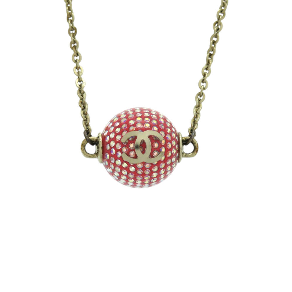 美品 シャネル ココマーク ミラーボール メタル ラインストーン レッド 赤 ネックレス 0463【中古】CHANEL