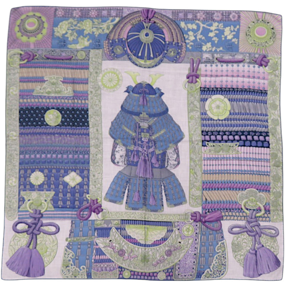 美品 エルメス カレ140 侍の鎧兜 Parures de Samourais カシミヤ シルク ブルー 青 ストール 0480【中古】HERMES