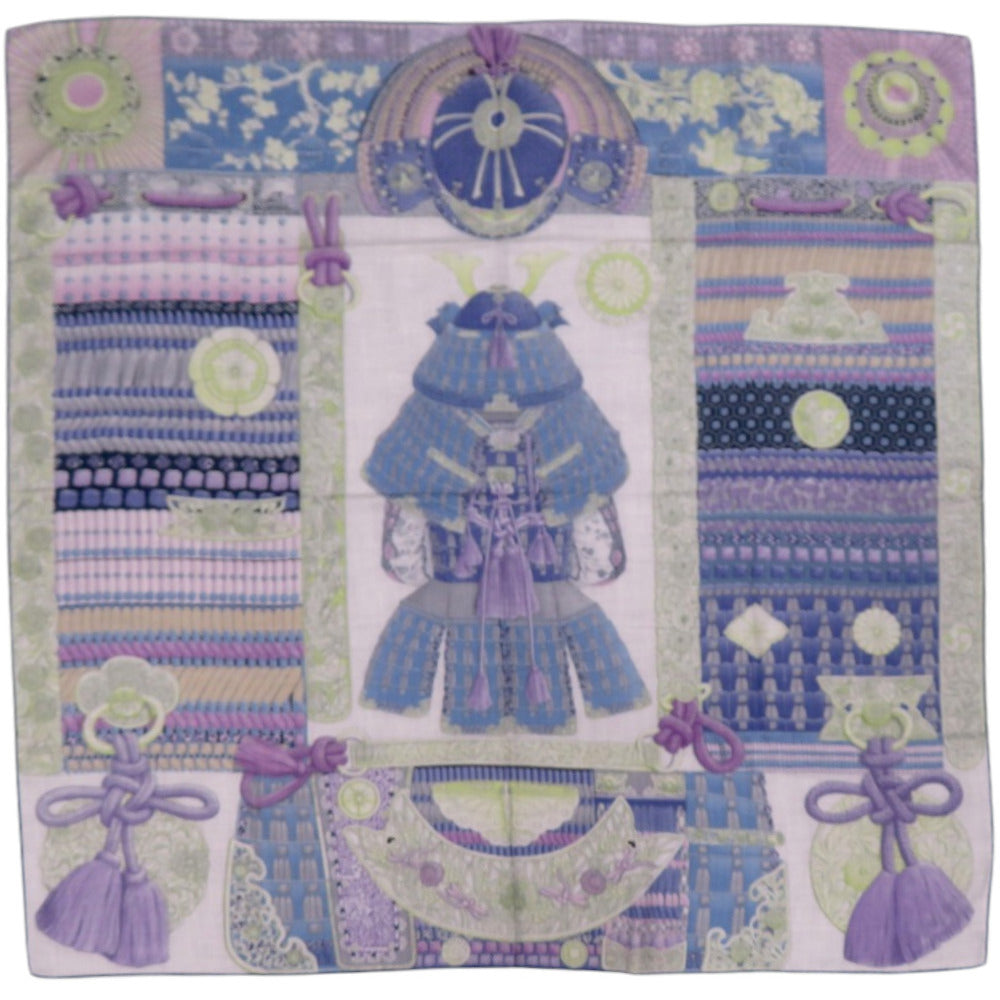 美品 エルメス カレ140 侍の鎧兜 Parures de Samourais カシミヤ シルク ブルー 青 ストール 0480【中古】HERMES