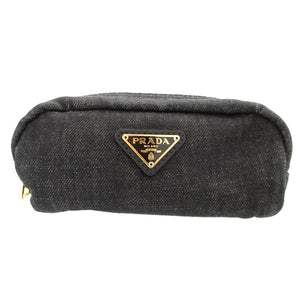 美品 プラダ 三角プレート デニム ブラック 黒 ポーチ 0484【中古】PRADA