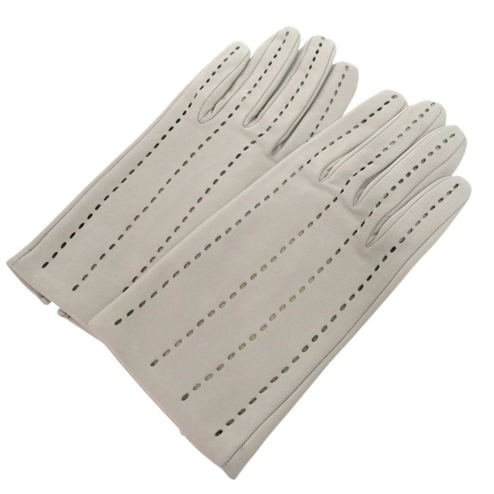 新品同様 エルメス ステッチ パンチング 手袋 グローブ ラムスキン シルク グレー 0488【中古】HERMES