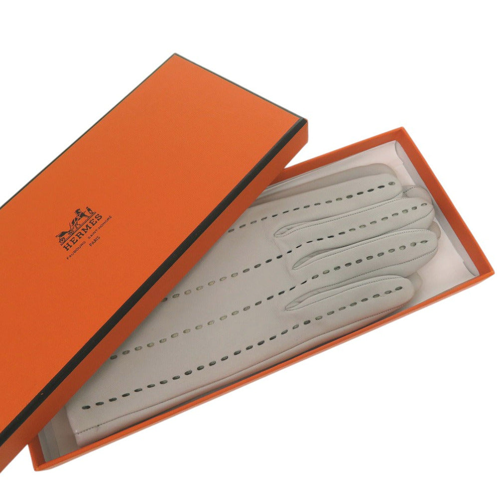 新品同様 エルメス ステッチ パンチング 手袋 グローブ ラムスキン シルク グレー 0488【中古】HERMES