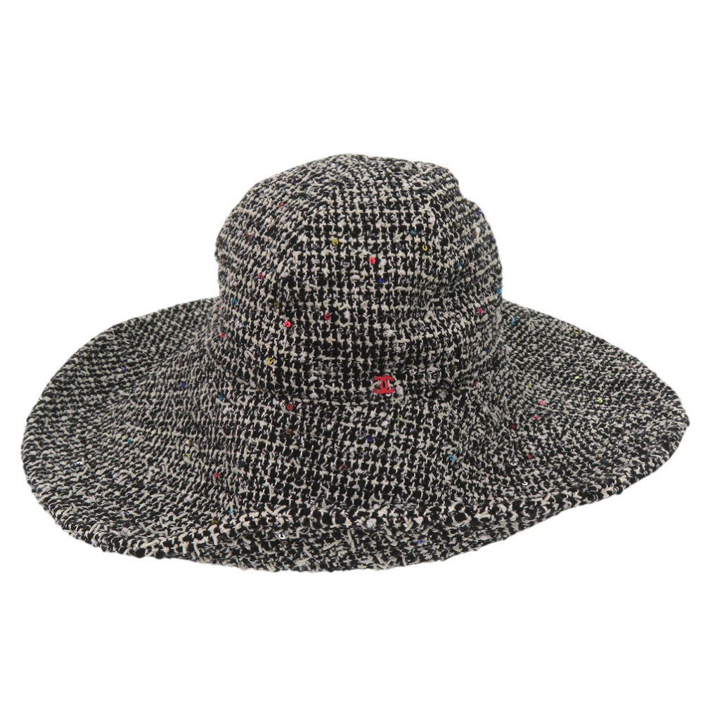 美品 シャネル ツイード帽子 スパンコール コットン ウール ブラック 0571【中古】CHANEL