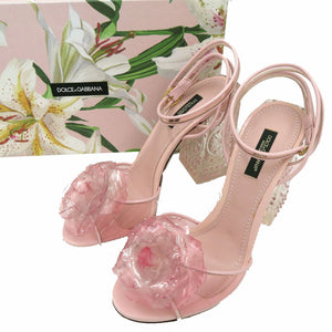 ドルチェアンドガッバーナ ミドルヒール ピープトゥ サンダル 花 クリスタル バックル開閉 PVC レザー ピンク 0578【中古】DOLCE&GABBANA