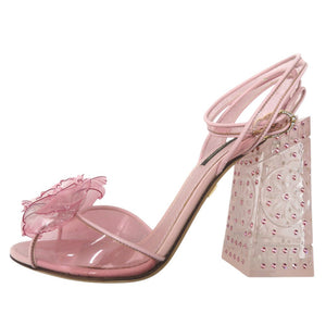 ドルチェアンドガッバーナ ミドルヒール ピープトゥ サンダル 花 クリスタル バックル開閉 PVC レザー ピンク 0578【中古】DOLCE&GABBANA