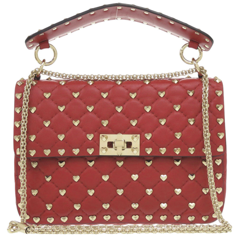 新品同様 ヴァレンティノ ガラヴァーニ 2WAY ハートスタッズ チェーンショルダー UW0B0122PHY レザー レッド ハンドバッグ 赤 0605【中古】Valentino Garavani