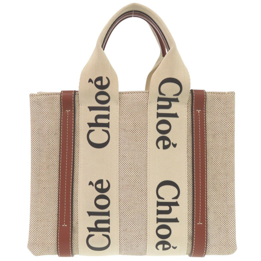 美品 クロエ ウッディ スモール トートバッグ CHC21US385E6690U レザー/コットン ベージュ ハンドバッグ 0687【中古】Chloe