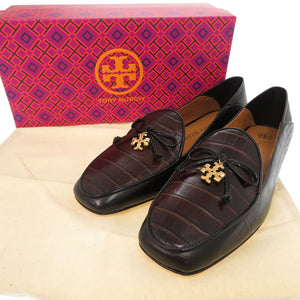 未使用品 トリーバーチ トリーチャーム サイズ7M 型押しレザー ブラック ブラウン フラットシューズ パンプス 0793【中古】Tory Burch