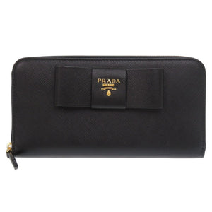 未使用品 プラダ リボン サフィアーノ ブラック ラウンドファスナー 長財布 黒 0960【中古】PRADA