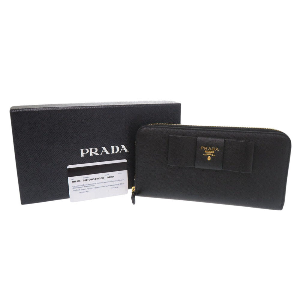 未使用品 プラダ リボン サフィアーノ ブラック ラウンドファスナー 長財布 黒 0960【中古】PRADA