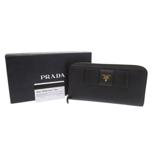 未使用品 プラダ リボン サフィアーノ ブラック ラウンドファスナー 長財布 黒 0960【中古】PRADA
