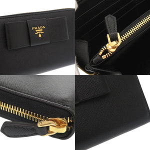 未使用品 プラダ リボン サフィアーノ ブラック ラウンドファスナー 長財布 黒 0960【中古】PRADA