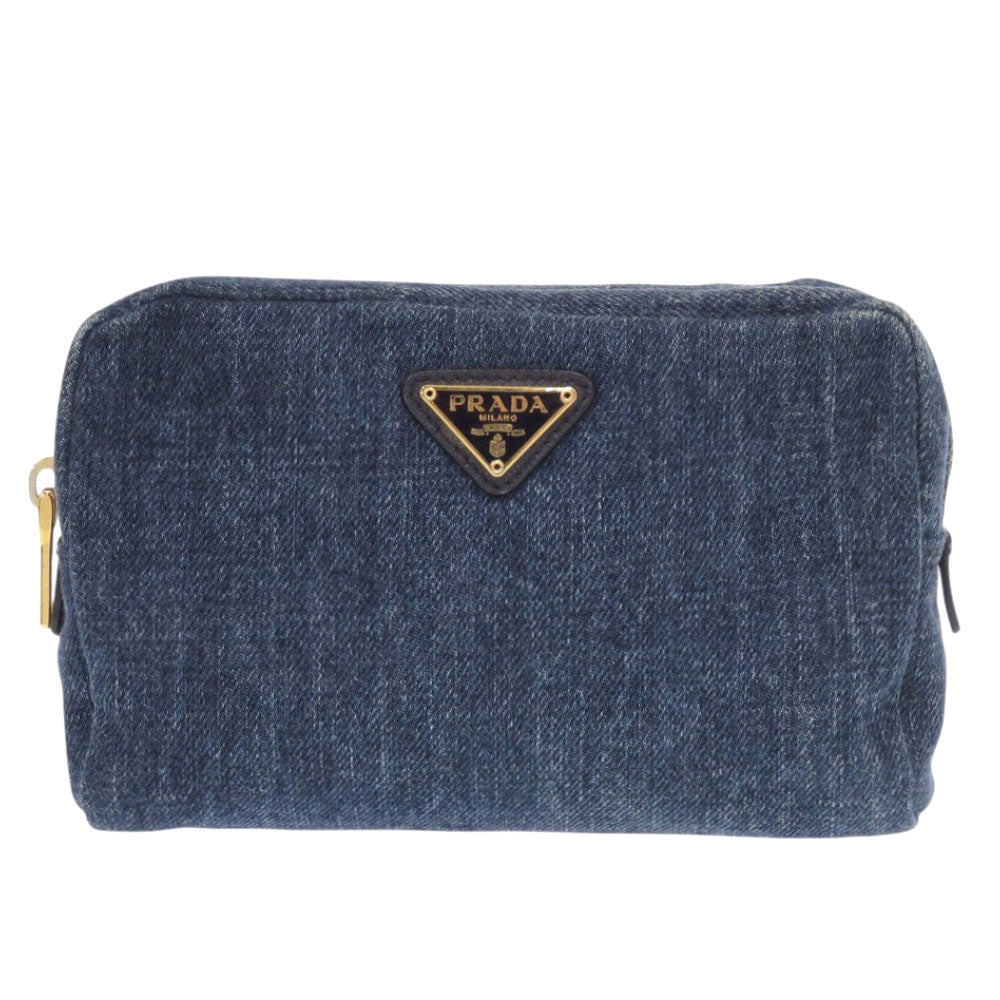 美品 プラダ デニム 1NA021 ポーチ コットン ブルー 化粧ポーチ 青 1041【中古】PRADA