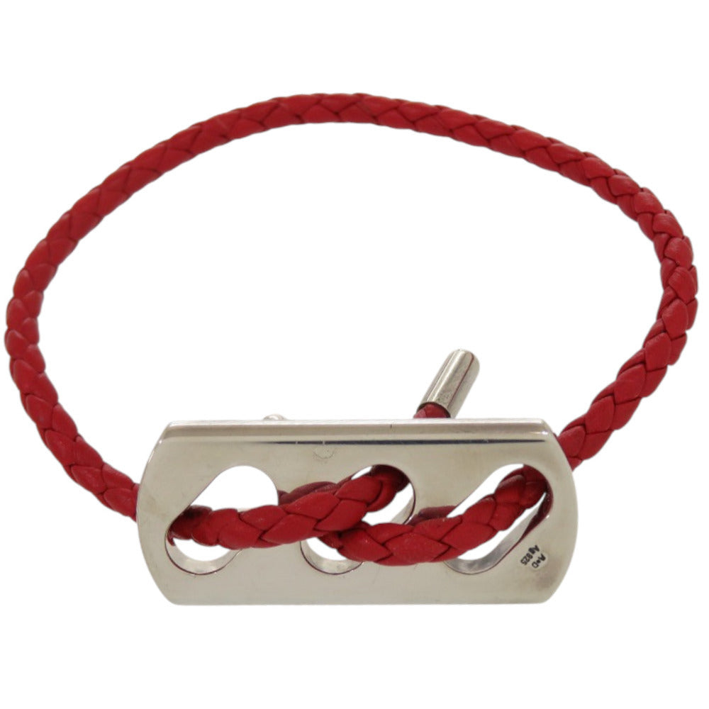 美品 エルメス シルバー925 レザー シルバー金具 レッド 赤 ブレスレット 1125【中古】HERMES