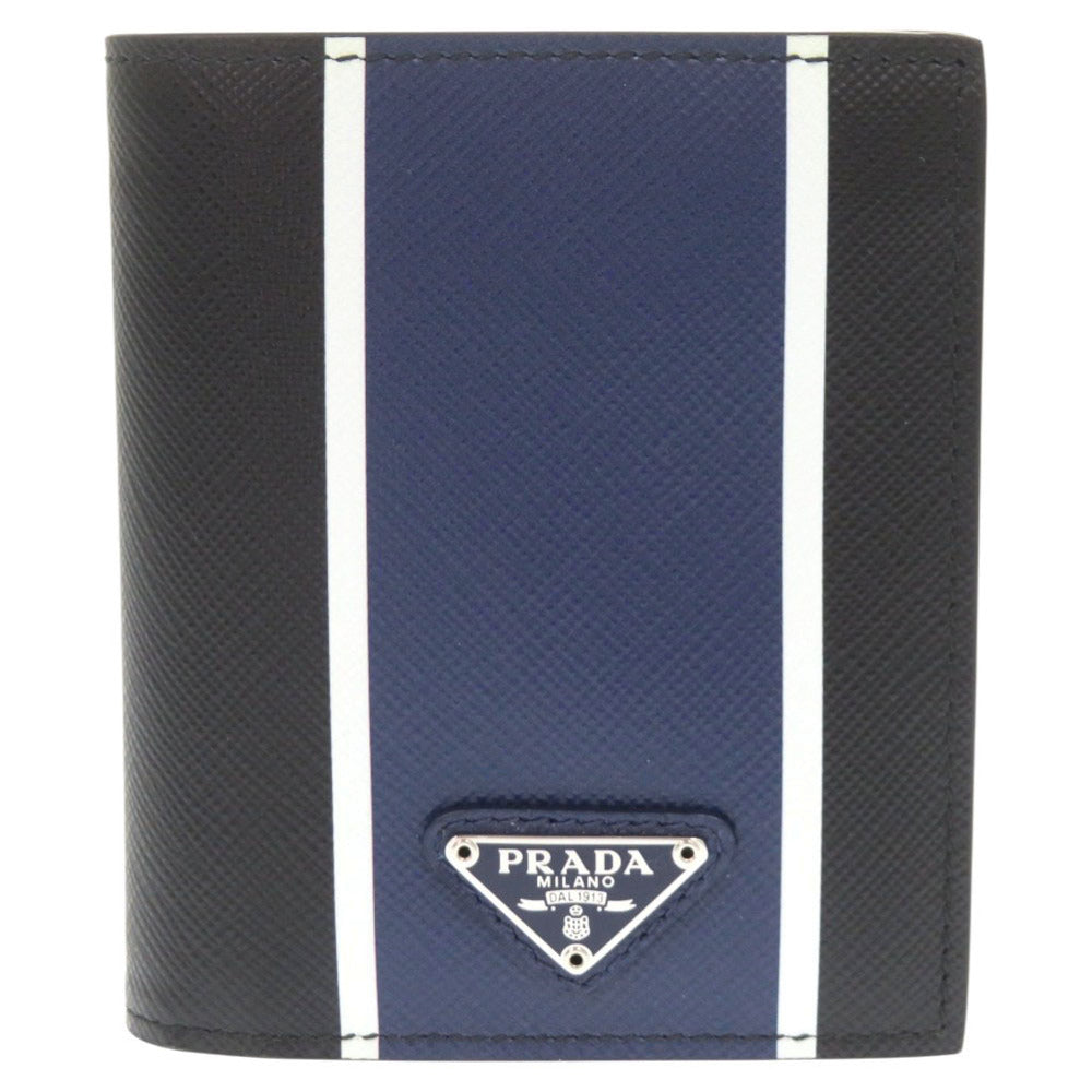 未使用品 プラダ トライアングルロゴ サフィアーノ 2MO004 NERO BLUETTE 二つ折り財布 札入れ 1293【中古】PRADA