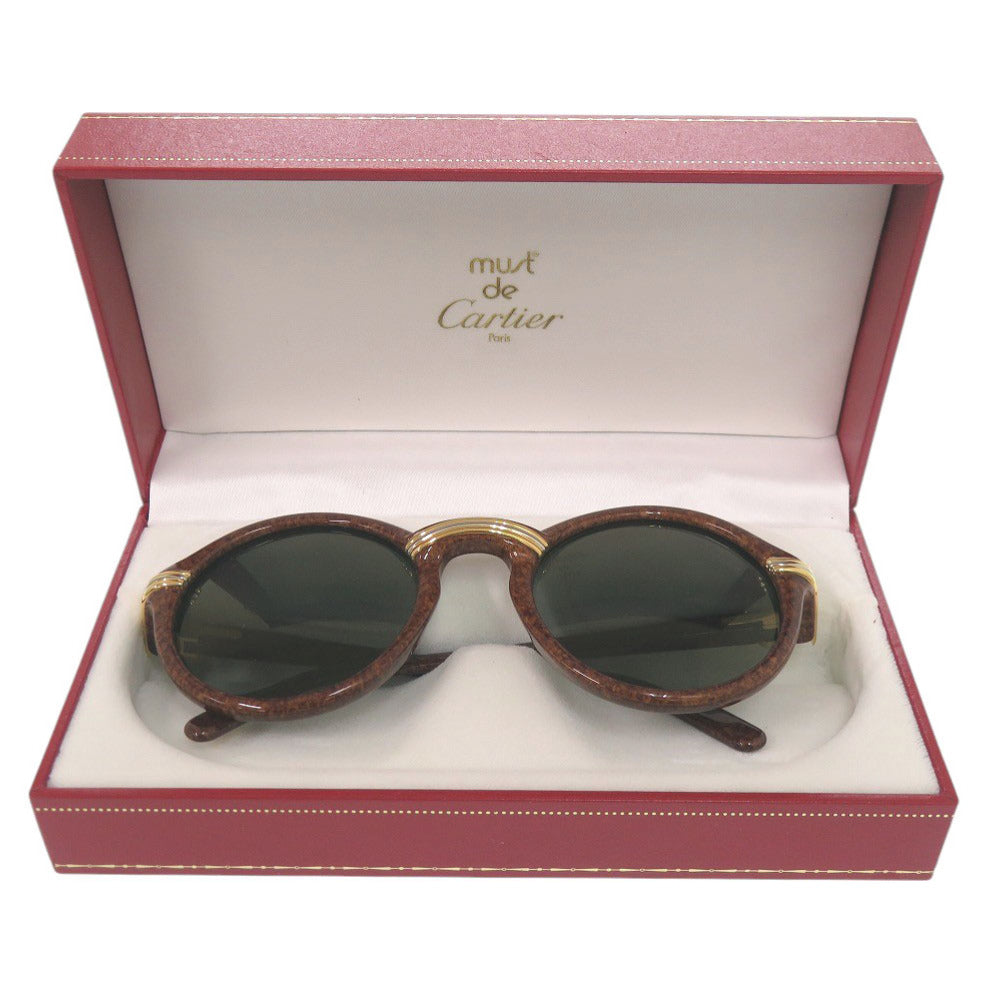 新品同様 カルティエ トリニティ ウッド調 丸眼鏡 プラスチック ブラウン サングラス 1299【中古】CARTIER