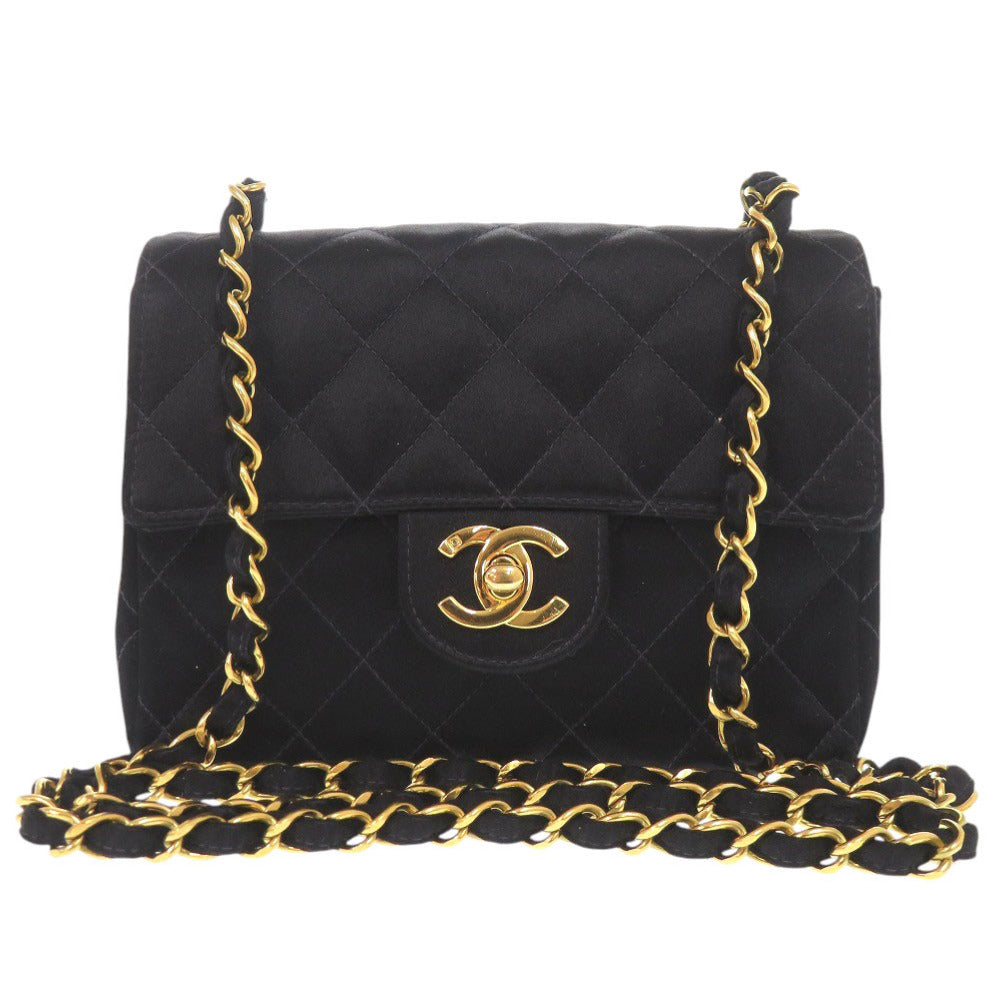 シャネル ミニマトラッセ サテン 3番台 ゴールド金具 ブラック ショルダーバッグ 黒 1299【中古】CHANEL