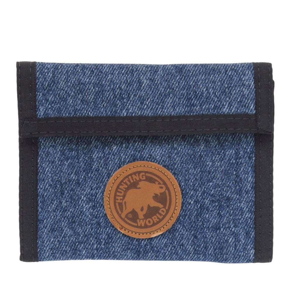 新品同様 ハンティングワールド デニム キャンバス レザー ブルー 三つ折り財布 青 1299【中古】HUNTING WORLD