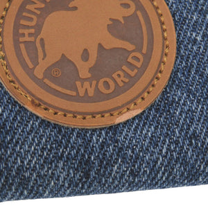 新品同様 ハンティングワールド デニム キャンバス レザー ブルー 三つ折り財布 青 1299【中古】HUNTING WORLD