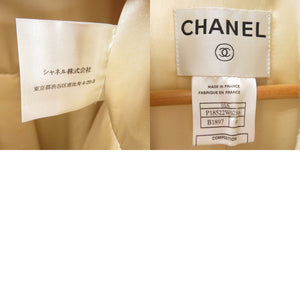 美品 シャネル ファー付き ロゴ チェーン柄 ロングコート シルク ウール ベージュ 1355【中古】CHANEL