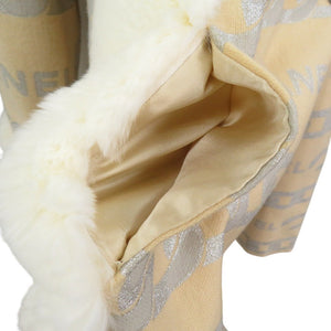 美品 シャネル ファー付き ロゴ チェーン柄 ロングコート シルク ウール ベージュ 1355【中古】CHANEL