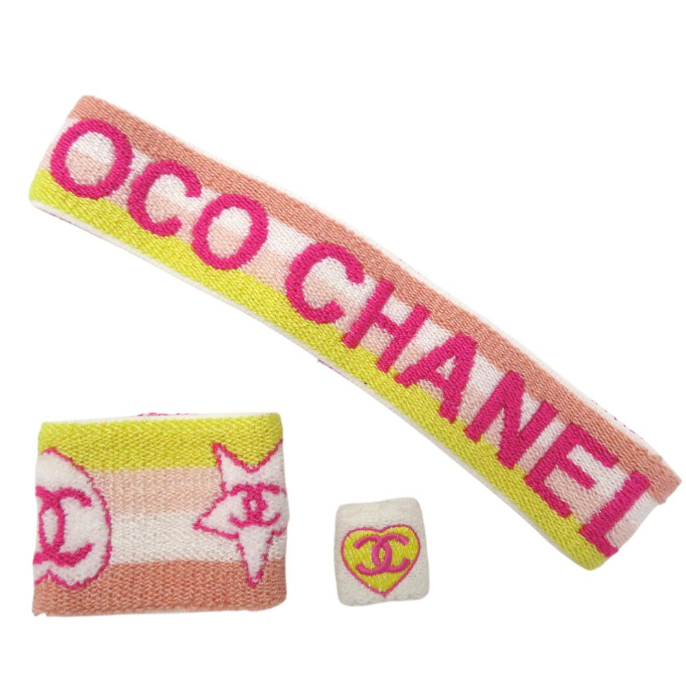 新品同様 シャネル ココマーク ヘアバンド リストバンド フィンガーバンド 3点セット ファブリック マルチカラー 1472【中古】CHANEL
