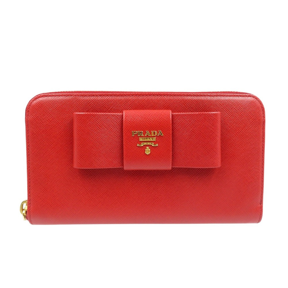 新品同様 プラダ リボン 1M0506 サフィアーノレザー ゴールド金具 レッド ラウンドファスナー 長財布 1480【中古】PRADA
