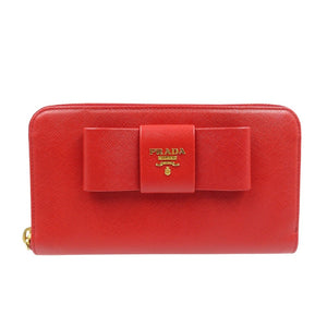 新品同様 プラダ リボン 1M0506 サフィアーノレザー ゴールド金具 レッド ラウンドファスナー 長財布 1480【中古】PRADA