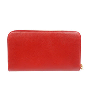 新品同様 プラダ リボン 1M0506 サフィアーノレザー ゴールド金具 レッド ラウンドファスナー 長財布 1480【中古】PRADA