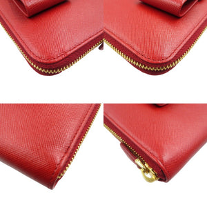 新品同様 プラダ リボン 1M0506 サフィアーノレザー ゴールド金具 レッド ラウンドファスナー 長財布 1480【中古】PRADA