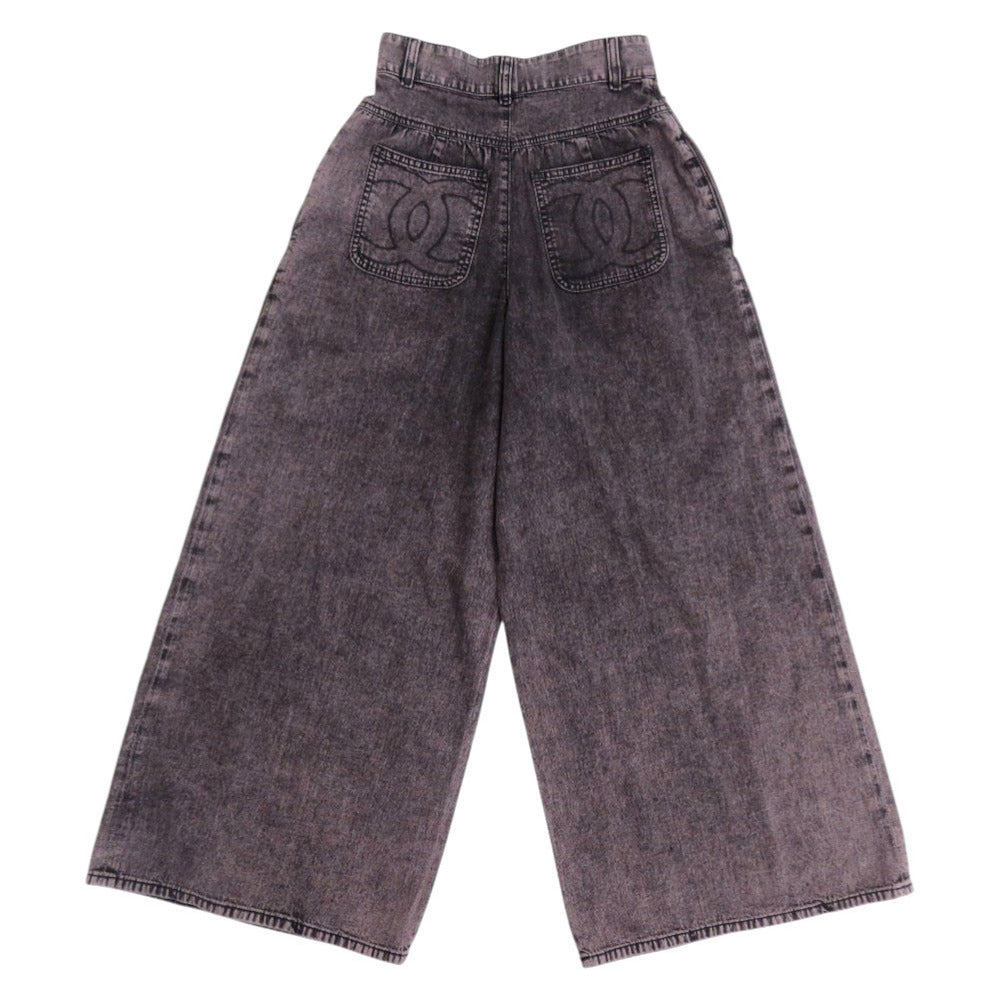 新品同様 シャネル ココマーク サイズ34 コットン ブラック ワイドデニムパンツ デニムパンツ 1485【中古】CHANEL
