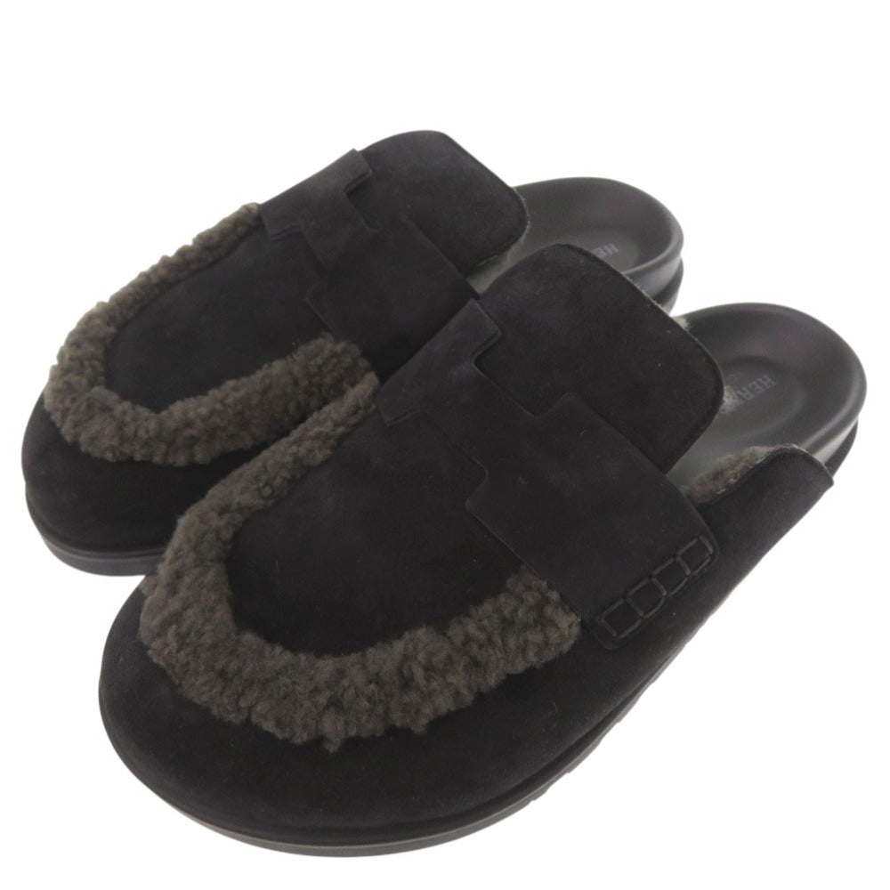 美品 エルメス Mule Go ミュール ゴー FR232865ZH ムートン Hロゴ スウェード ブラック 1517【中古】HERMES