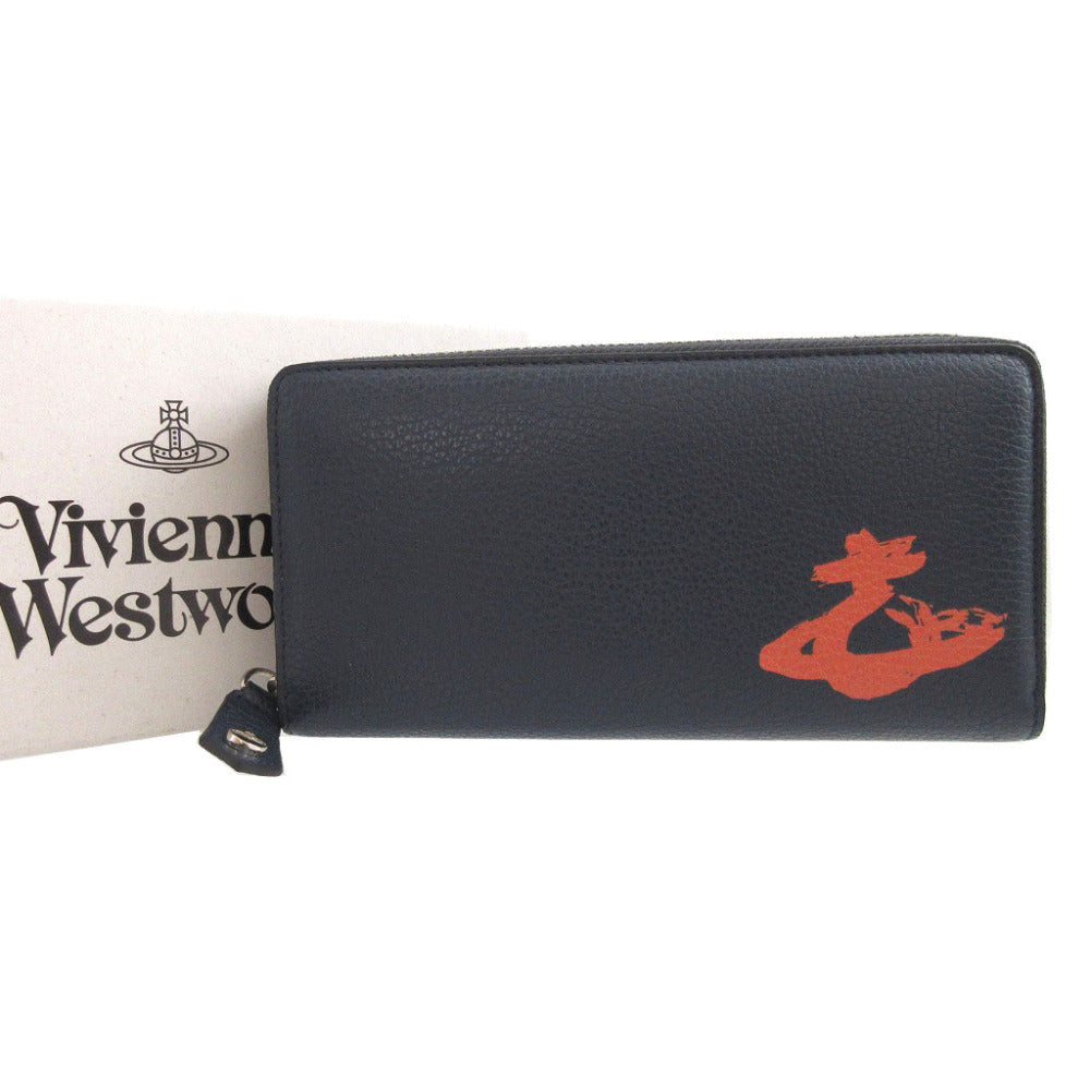 未使用 ヴィヴィアンウエストウッド オーブ柄 レザー ネイビー 紺 ラウンドファスナー長財布 財布 1654【中古】Vivienne Westwood