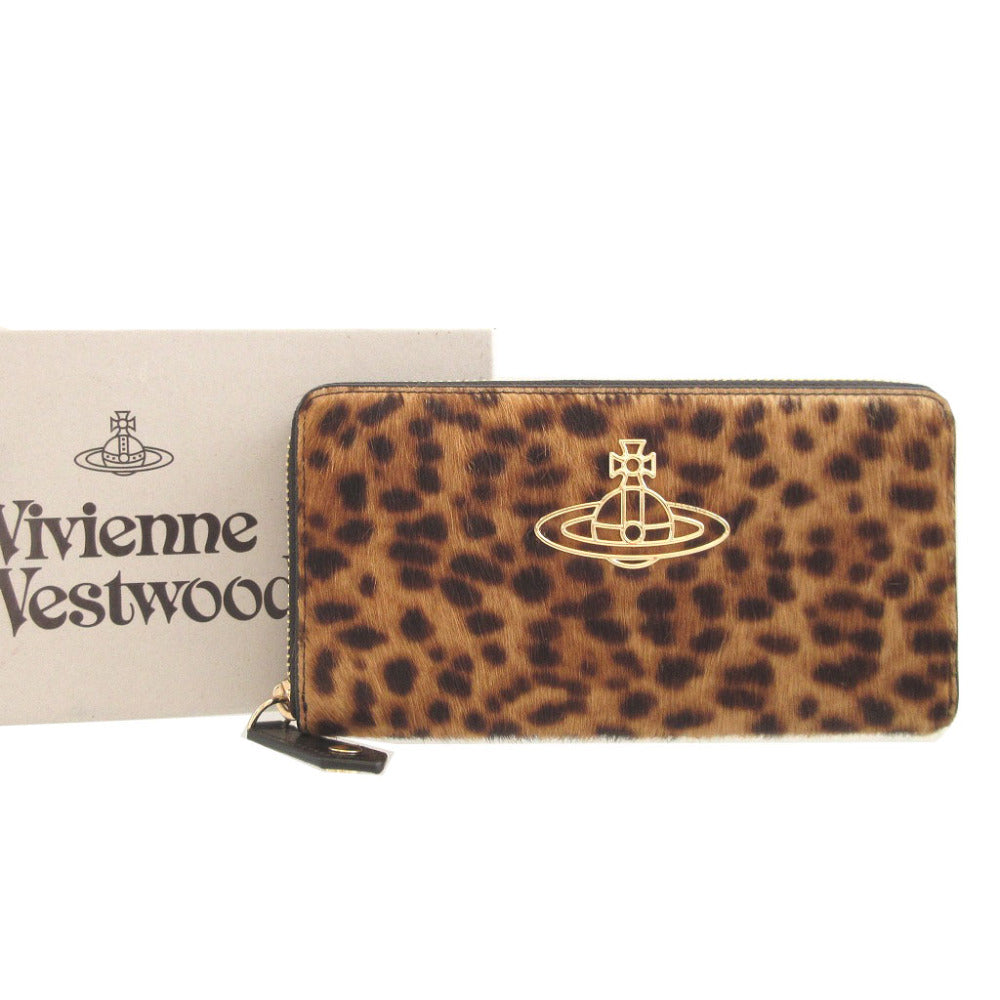 新品同様 ヴィヴィアンウエストウッド オーブ柄 ハラコ ブラウン 茶 ラウンドファスナー長財布 財布 1659【中古】Vivienne Westwood