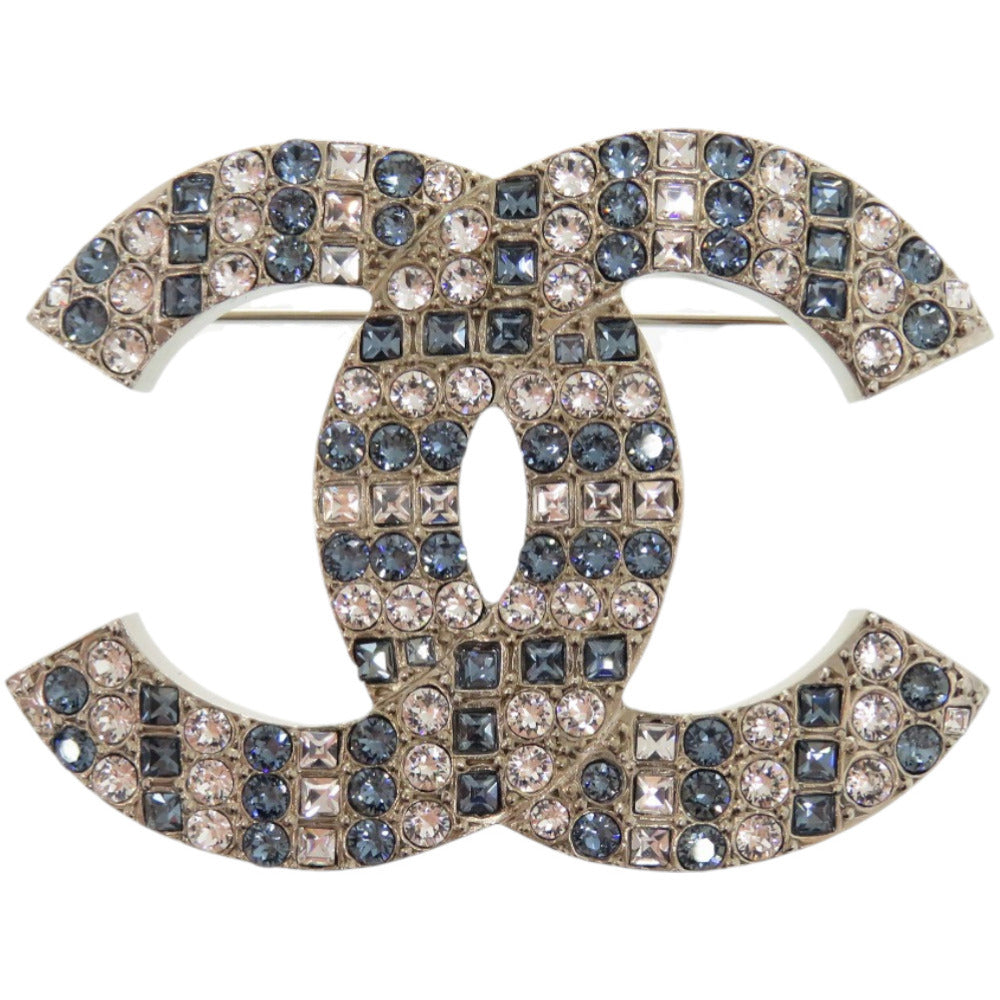 美品 シャネル ココマーク ラインストーン メタル シルバー 青 ブローチ 1673【中古】CHANEL