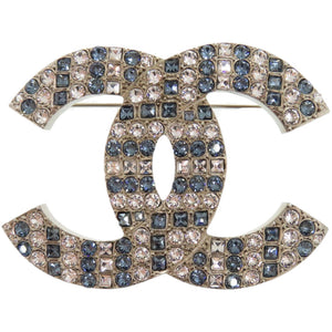美品 シャネル ココマーク ラインストーン メタル シルバー 青 ブローチ 1673【中古】CHANEL