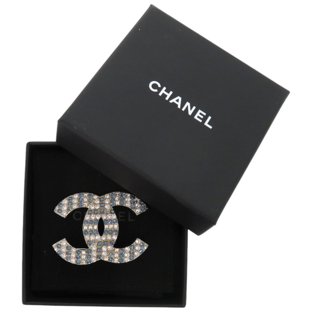 美品 シャネル ココマーク ラインストーン メタル シルバー 青 ブローチ 1673【中古】CHANEL