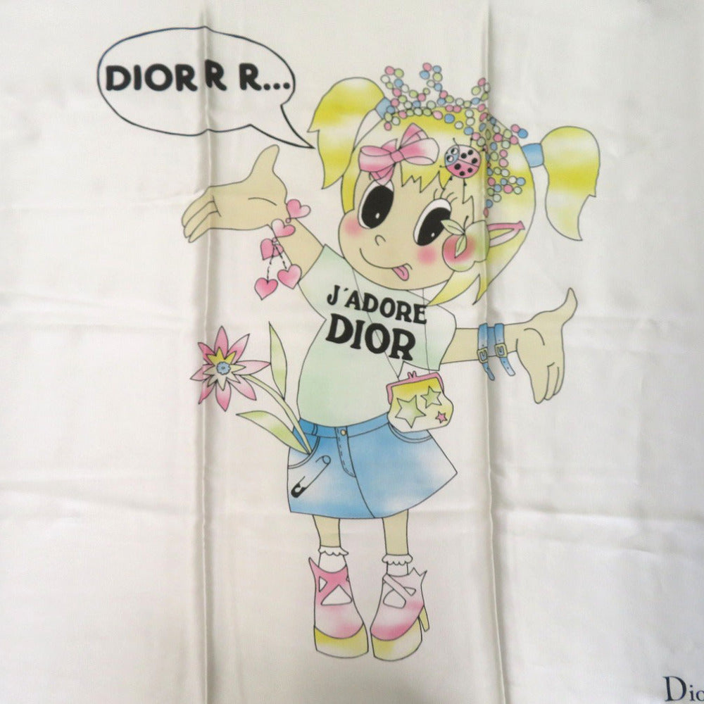 美品 クリスチャンディオール J'ADORE DIOR スカーフ ハート リボン 花 女の子 シルク ホワイト 0026【中古】Christian Dior